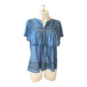 Sea New York Blue Short Sleeve Blouse Beaded with Tassels Women’s 8 [105]